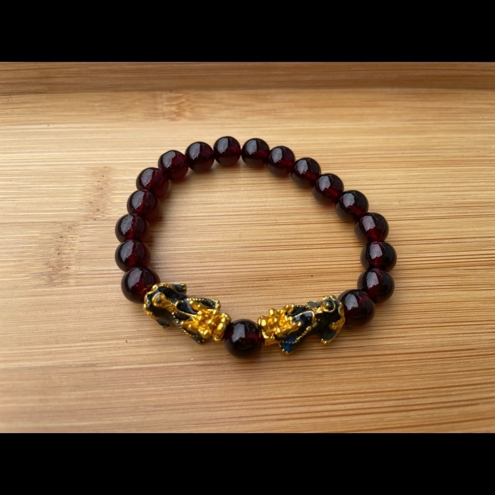Red Garnet Rainbow Painted Gel Double Pixiu Wealth Bracelet